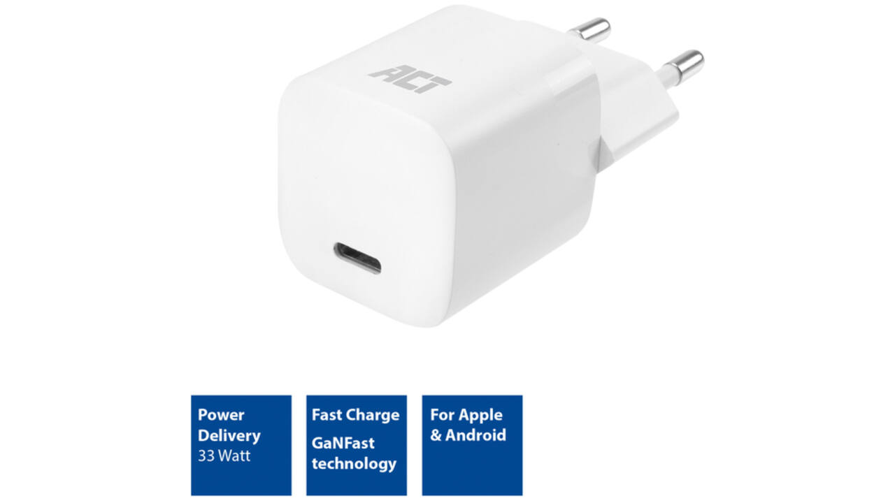 Oplader ACT USB-C compact GaNFast 33W wit