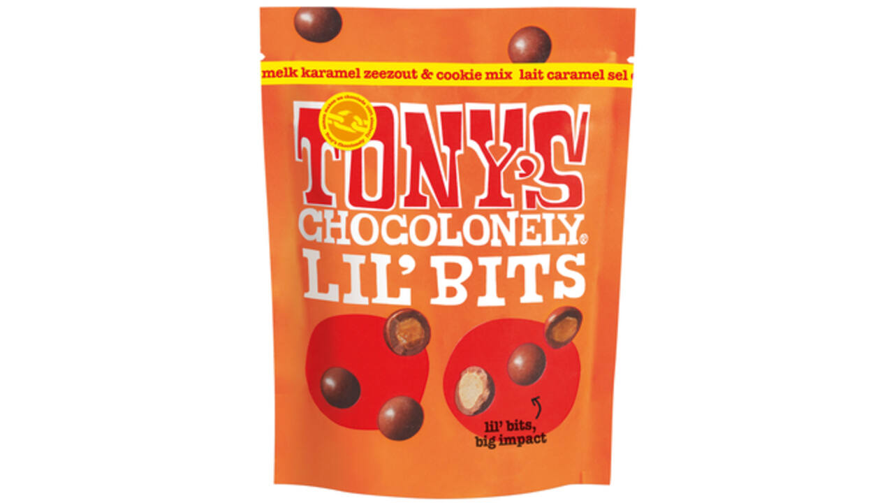 Chocolade Tony's Chocolonely Lil'Bits melk karamel zeezout biscuit 120 gram