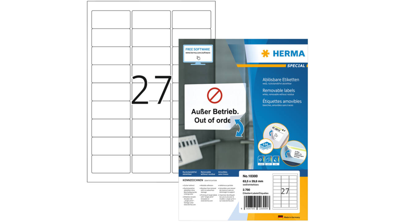 Etiket HERMA 10300 63.5x29.6mm verwijderbaar wit 2700 etiketten