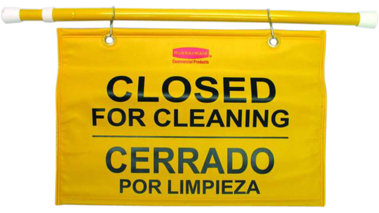 Waarschuwingsvlag hangend meertalig closed for cleaning geel