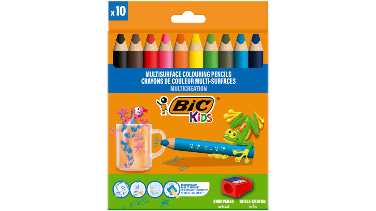 Kleurpotloden BicKids Multi Surface inclusief puntenslijper assorti pak à 10 stuks