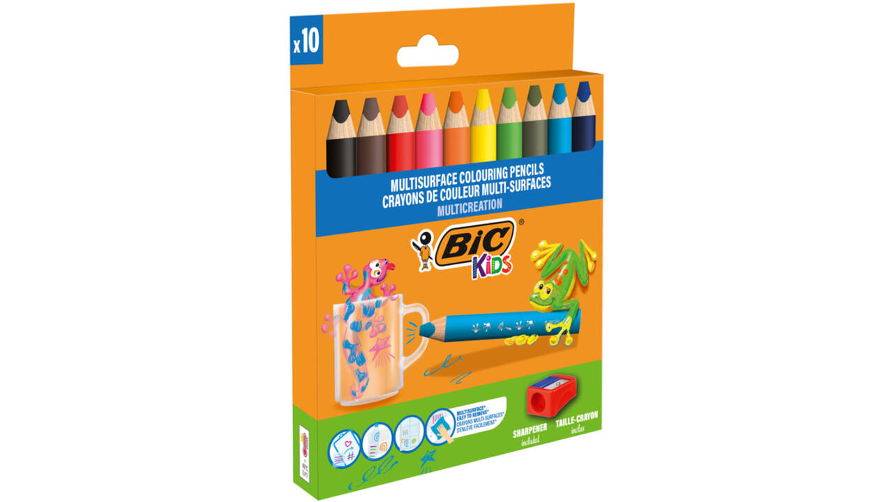 Kleurpotloden BicKids Multi Surface inclusief puntenslijper assorti pak à 10 stuks