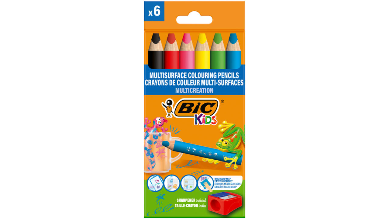 Kleurpotloden BicKids Multi Surface inclusief puntenslijper assorti pak à 6 stuks