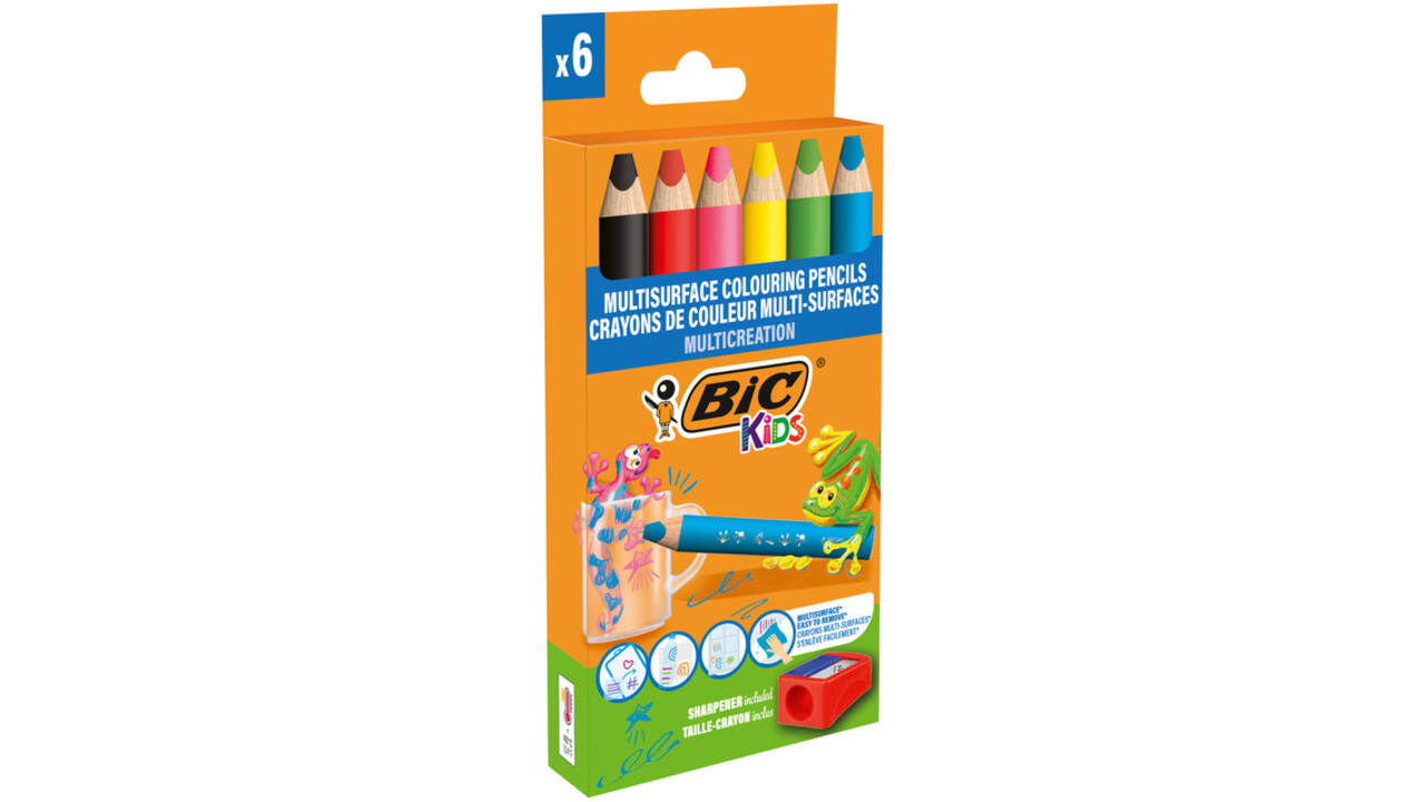 Kleurpotloden BicKids Multi Surface inclusief puntenslijper assorti pak à 6 stuks