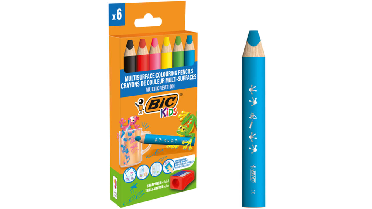 Kleurpotloden BicKids Multi Surface inclusief puntenslijper assorti pak à 6 stuks