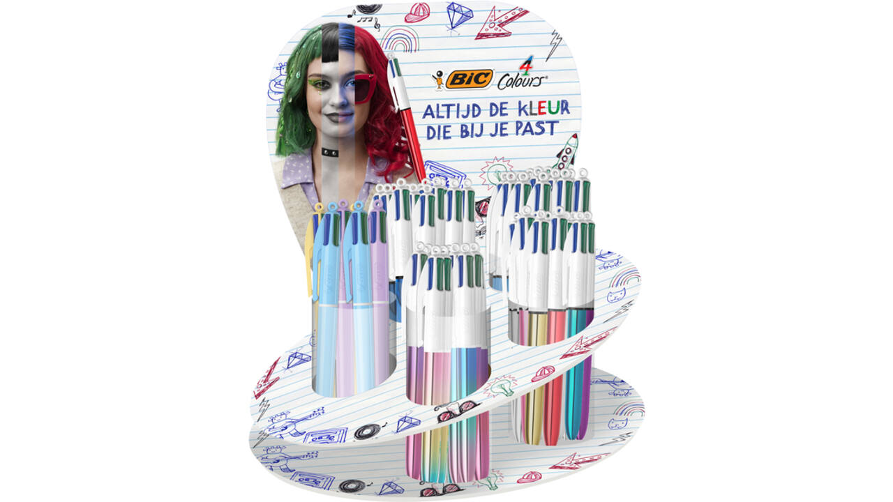 Balpen Bic 4kleuren medium assorti display à 60 stuks