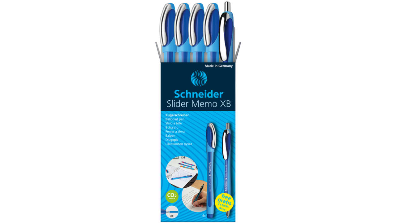 Balpen Schneider Slider Memo XB blauw 4st + 1 gratis Slider balpen