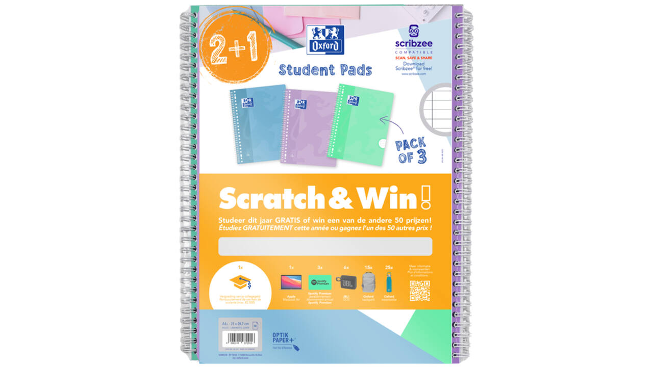 Collegeblok Oxford School A4+ lijn 23-gaats 160 pagina's 80gr pastel scratch&win assorti