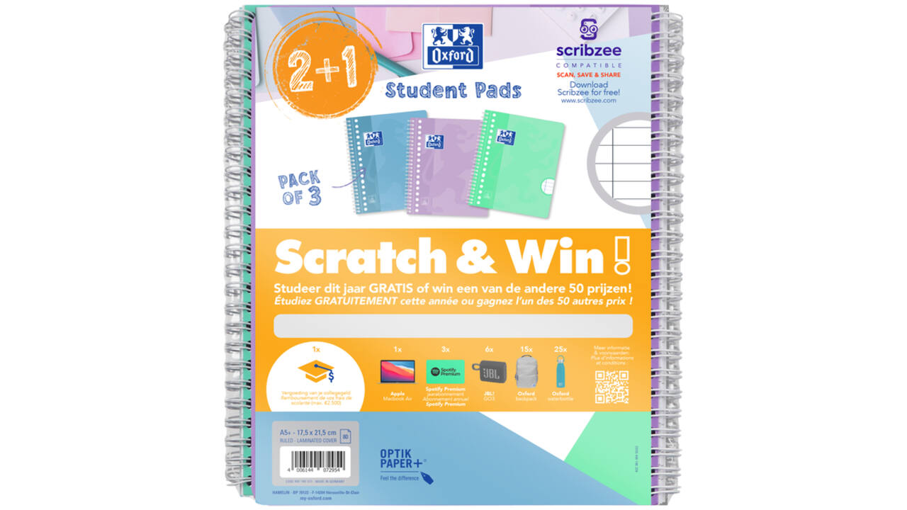 Collegeblok Oxford School A5+ lijn 17-gaats 160 pagina's 80gr pastel scratch&win assorti