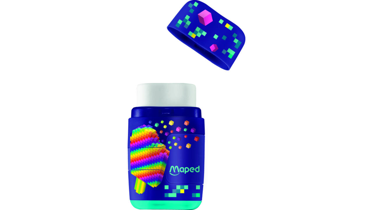 Puntenslijper Maped Pixel Party Connect 2-gaats met gum display à 20 stuks