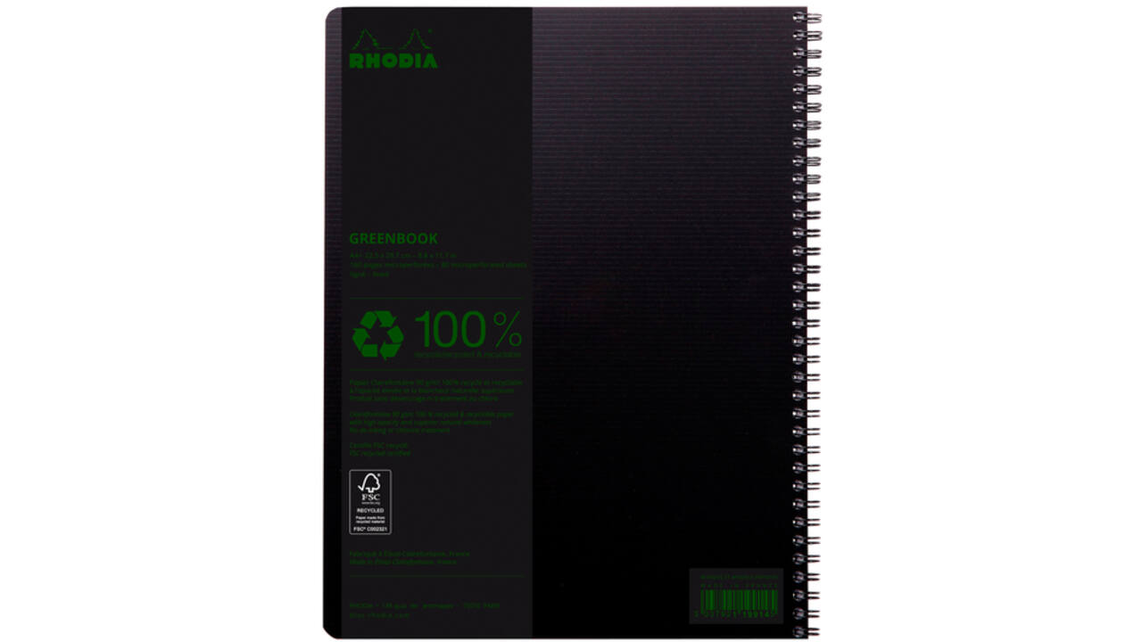 Notitieboek Rhodia Greenbook A4+ lijn 4-gaats 180 pagina's 90gr zwart