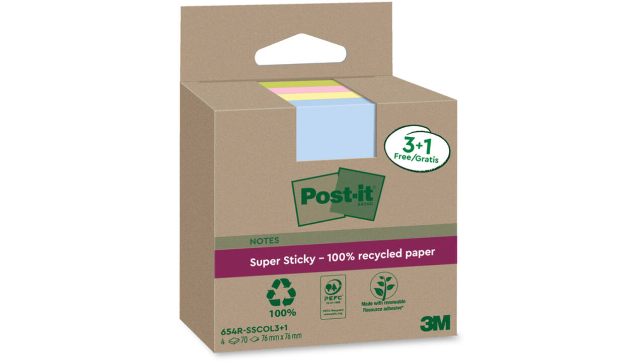 Memoblok 3M Post-it 654 RSSCOL 76x76mm assorti kleur 3+1 gratis