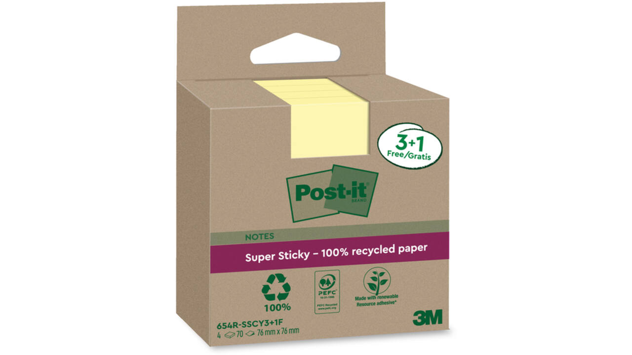 Memoblok 3M Post-it 654 RSSCOL 76x76mm geel 3+1 gratis