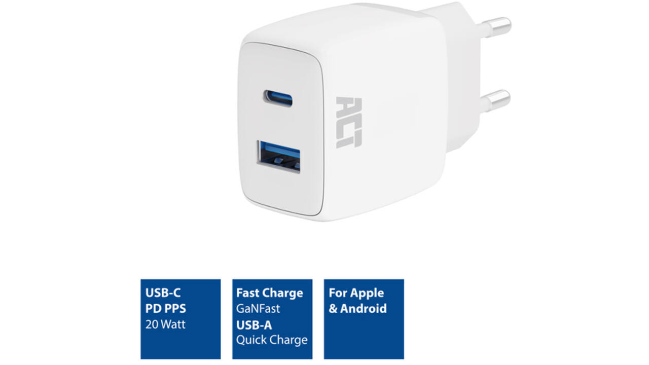 Oplader act 20w 2-poorts usb a+c wit