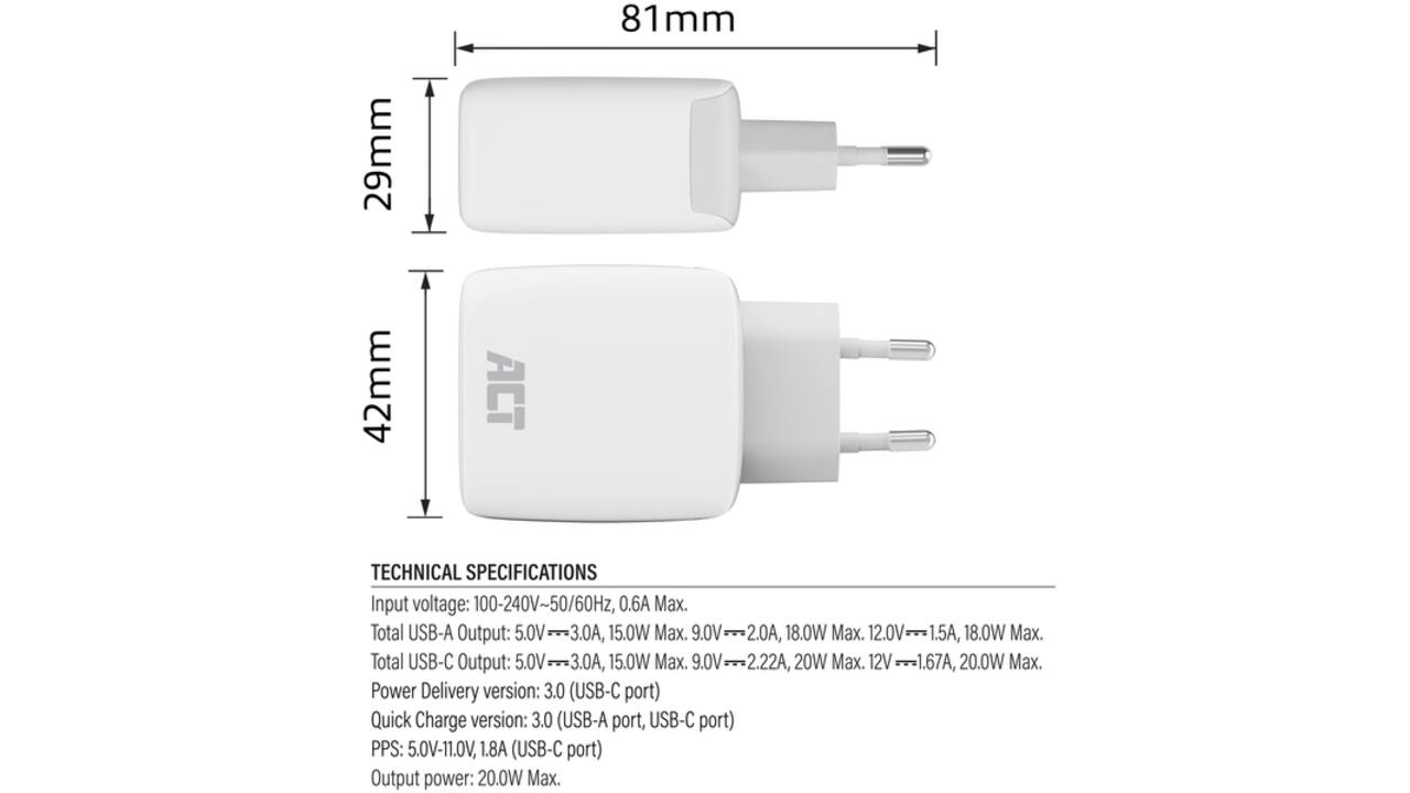Oplader act 20w 2-poorts usb a+c wit