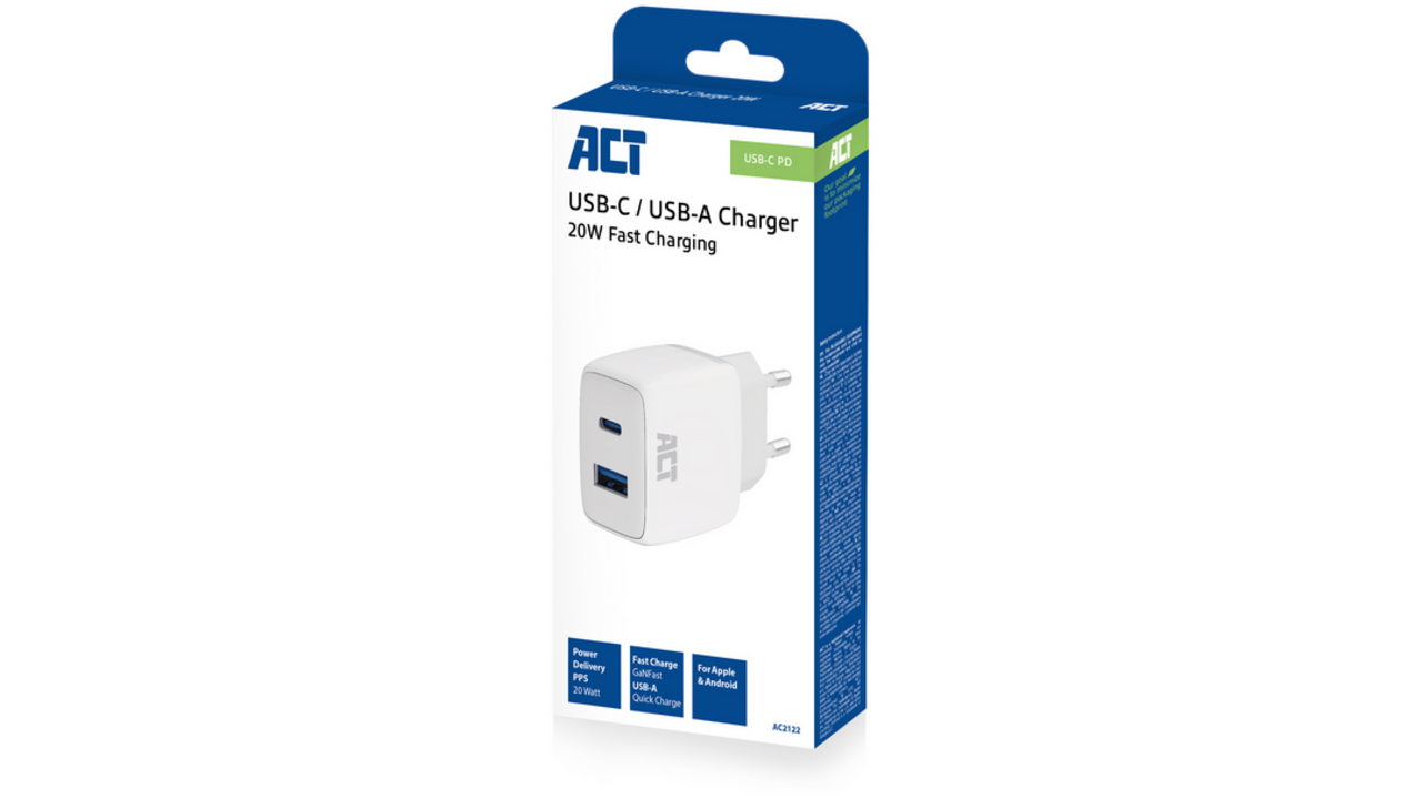 Oplader act 20w 2-poorts usb a+c wit