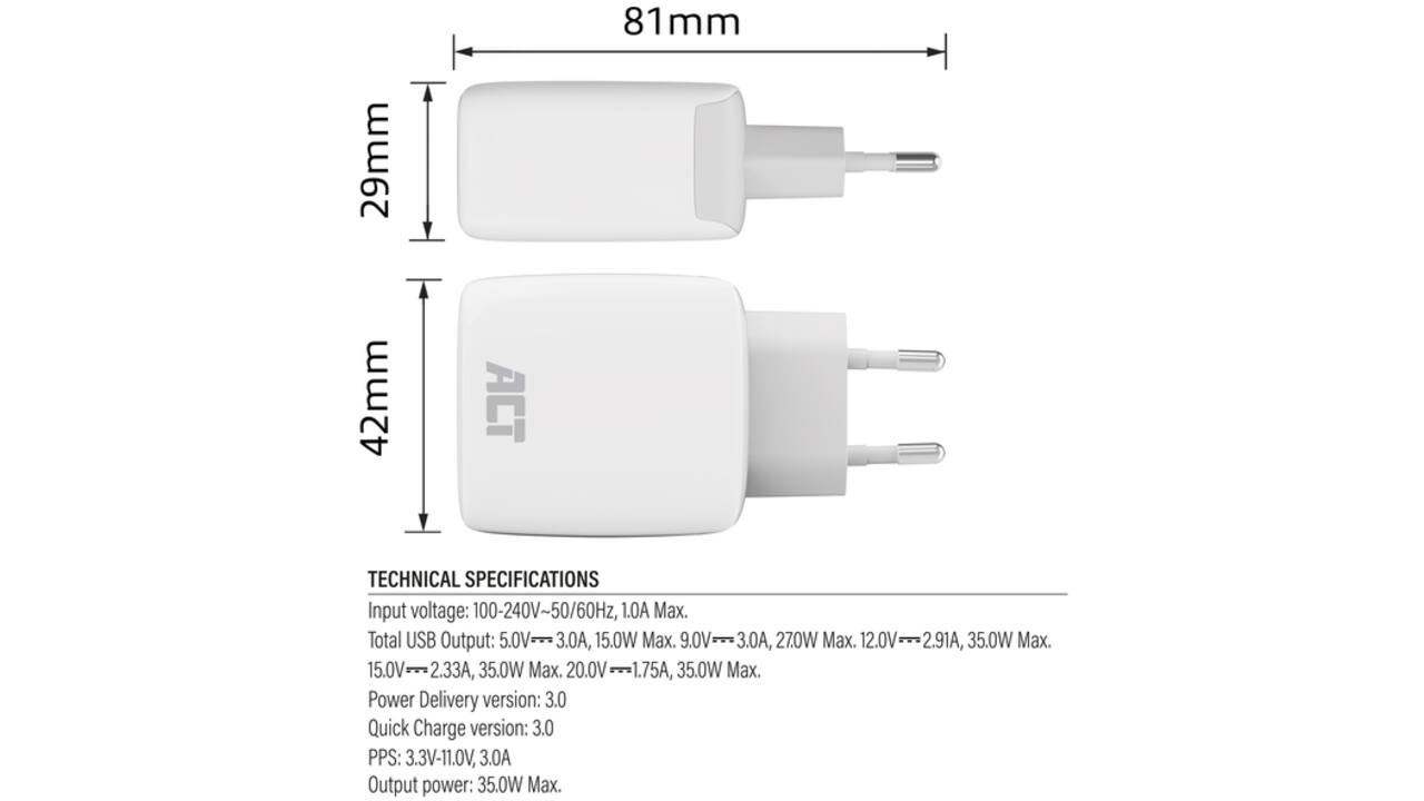 Oplader act 35w 1-poort usb c wit