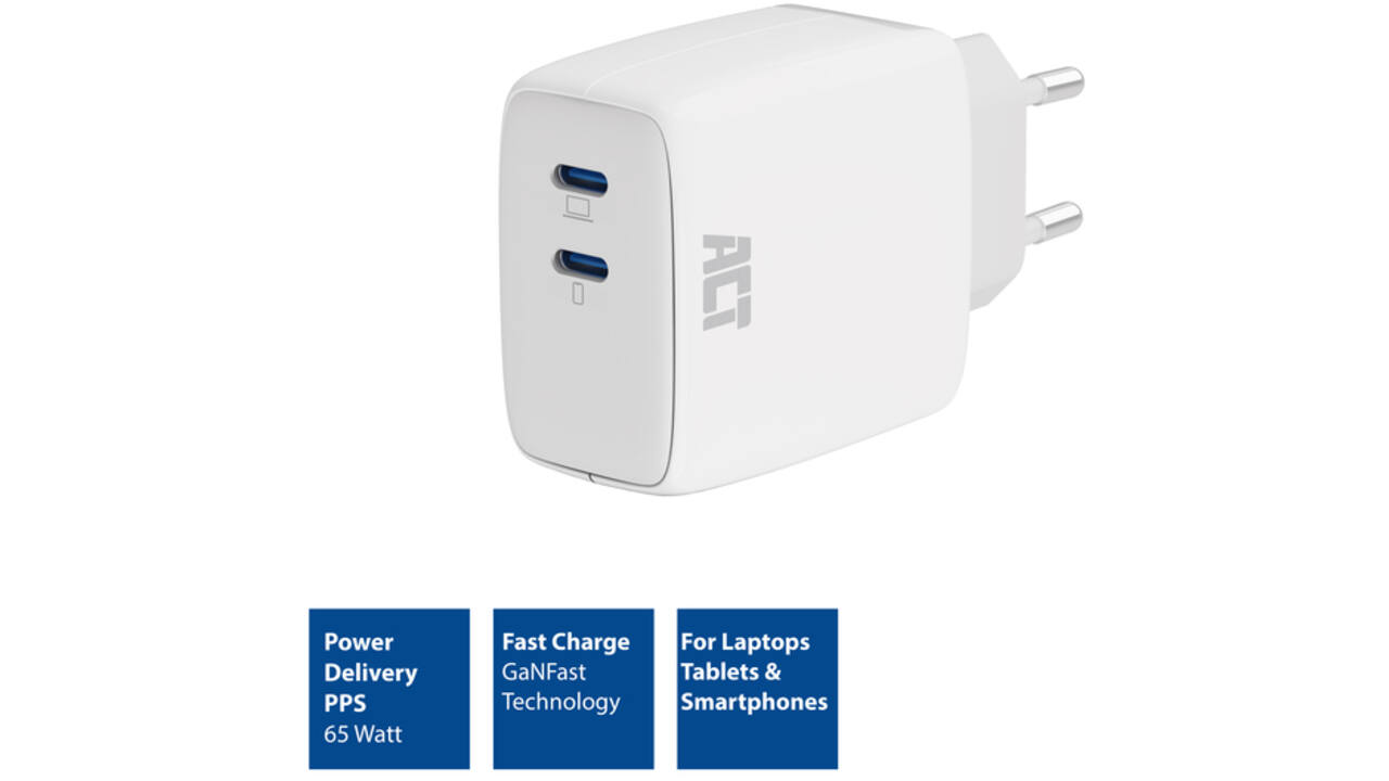 Oplader act 65w 2-poorts usb c wit