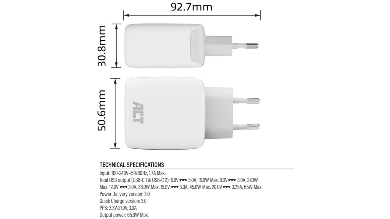 Oplader act 65w 2-poorts usb c wit