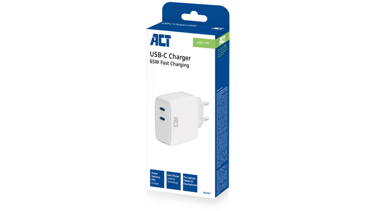 Oplader act 65w 2-poorts usb c wit