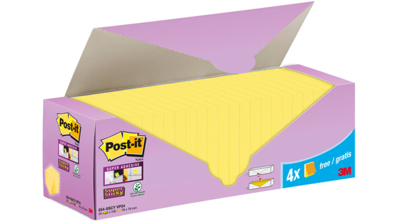 Memoblok 3M Post-it 654-SSCY Super Sticky 76x76mm geel voordeelpak