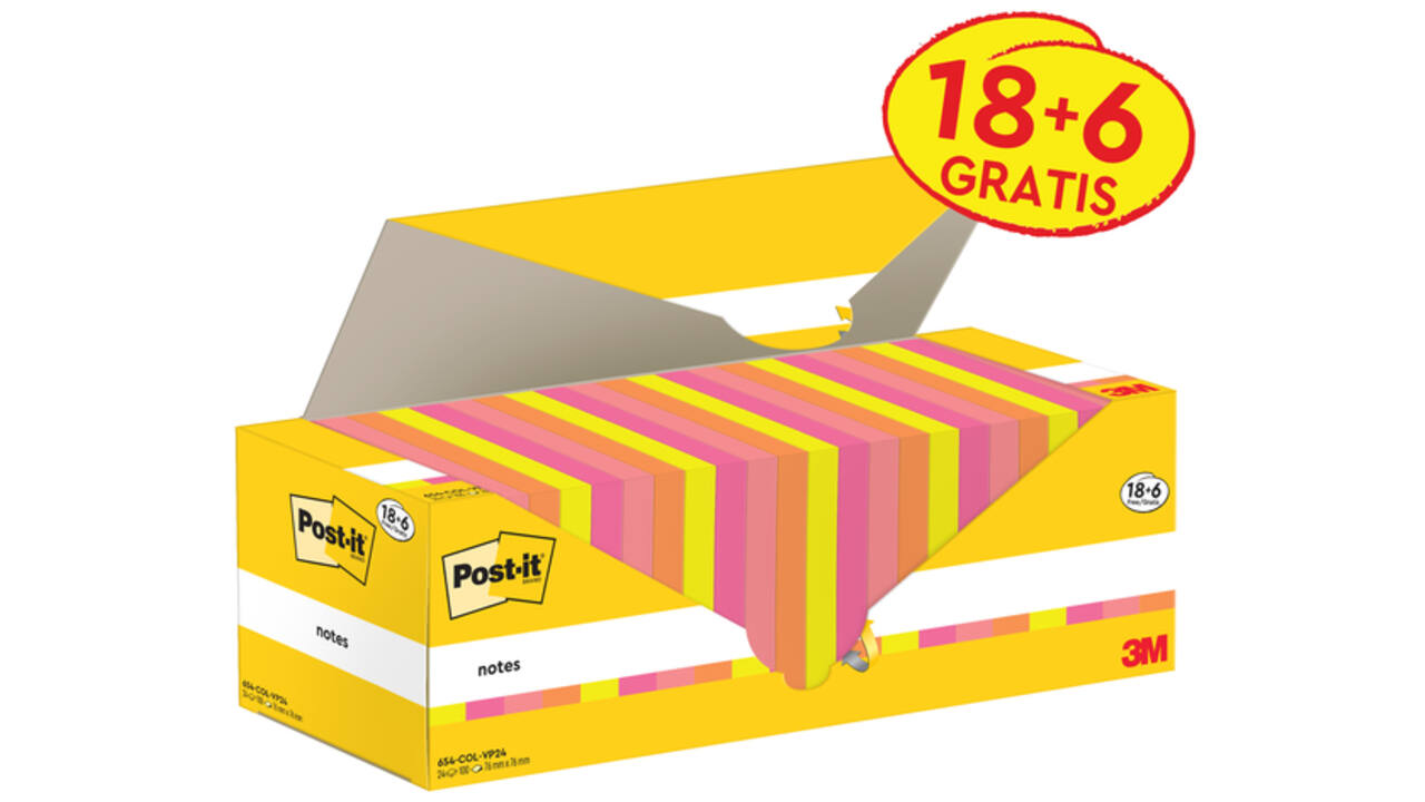 Memoblok 3M Post-it 654-COL 76x76mm kleur ass voordeelpak