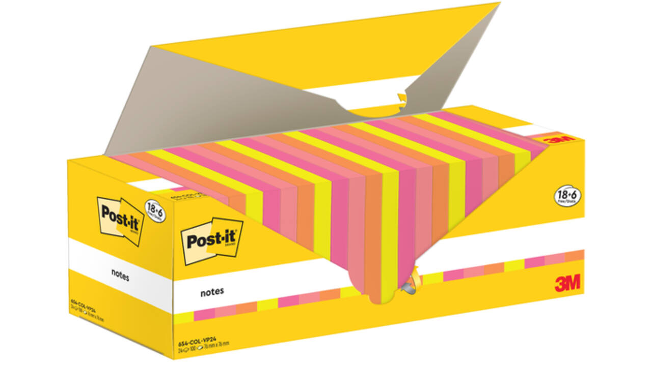 Memoblok 3M Post-it 654-COL 76x76mm kleur ass voordeelpak