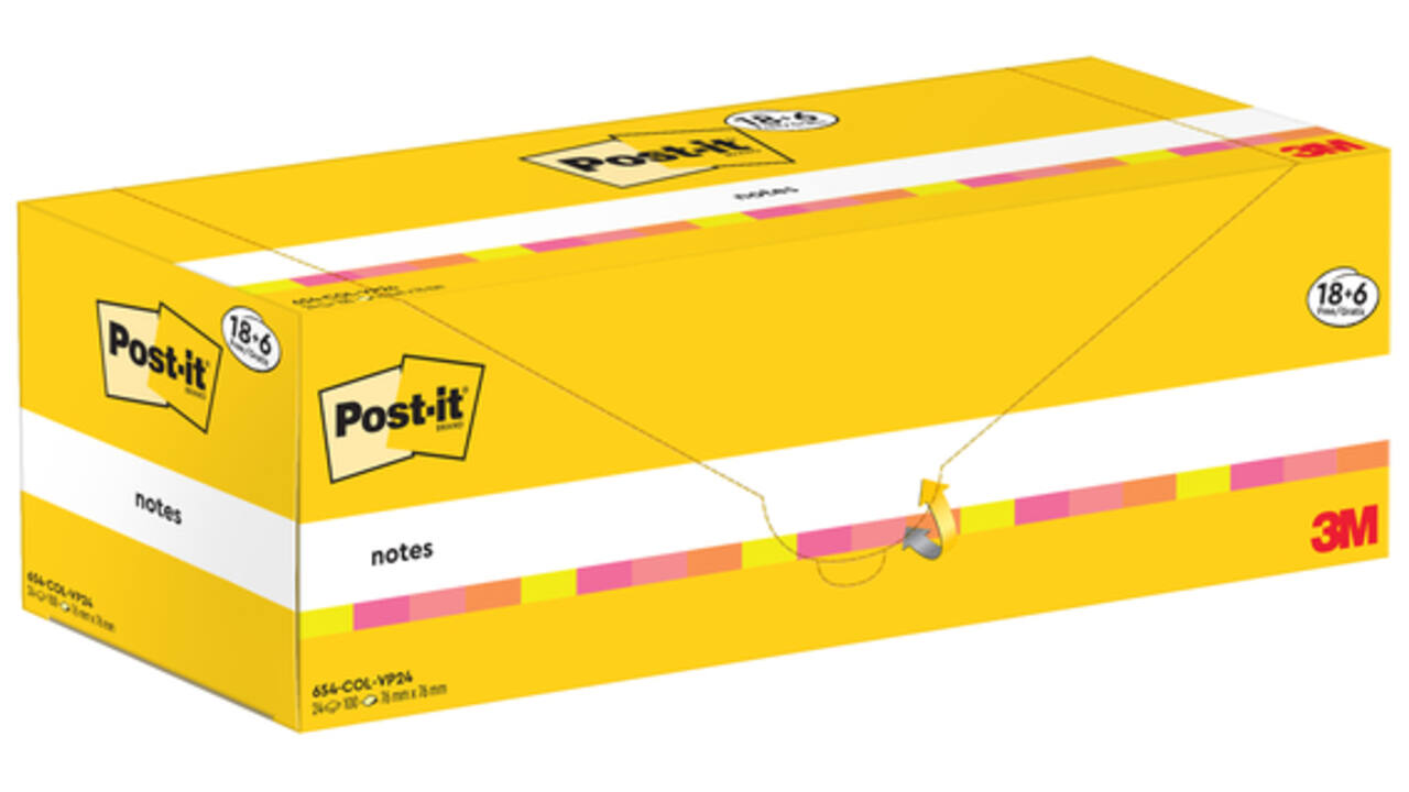 Memoblok 3M Post-it 654-COL 76x76mm kleur ass voordeelpak
