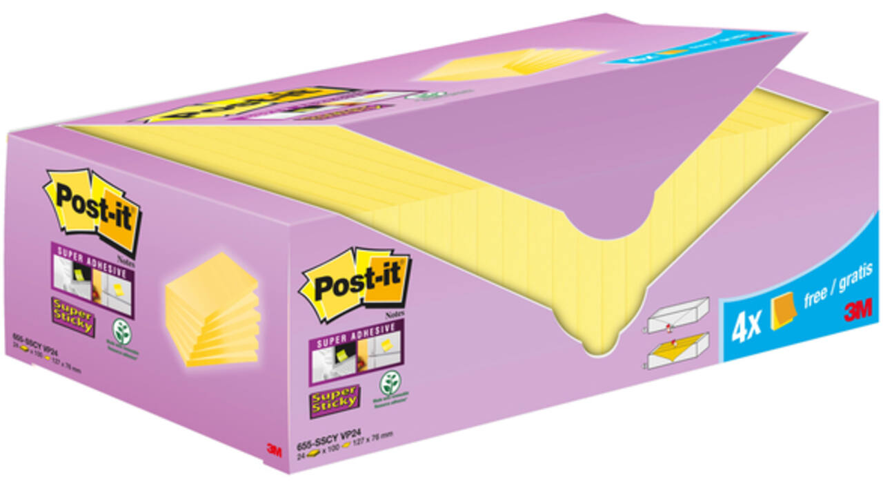 Memoblok 3M Post-it 655-SSCY Super Sticky 76x127mm geel voordeelpak