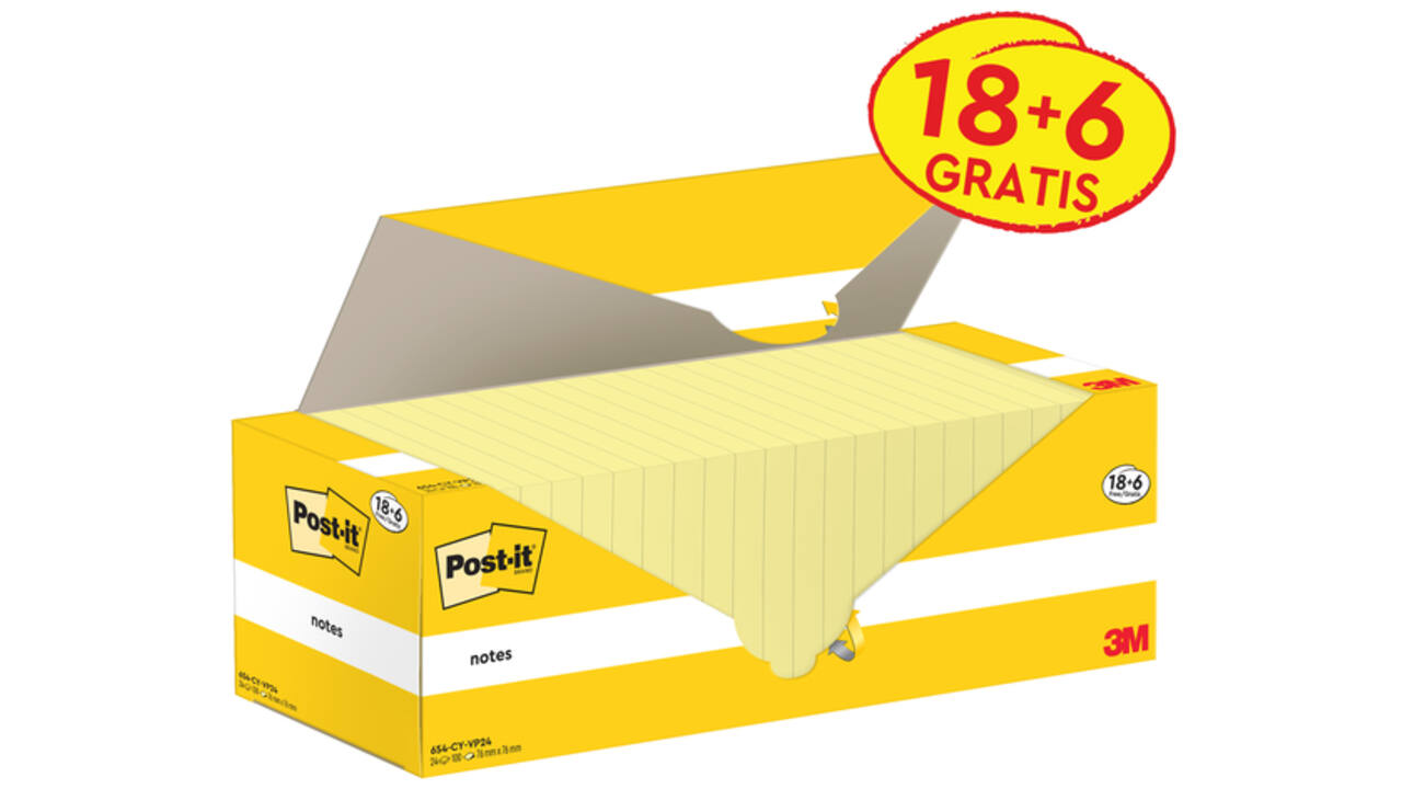 Memoblok 3M Post-it 654-CY 76x76mm geel voordeelpak