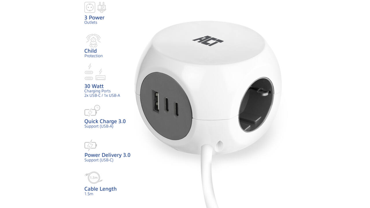 Stekkerblok ACT 3 voudig inclusief 2x USB C/A 1.5 meter wit/grijs