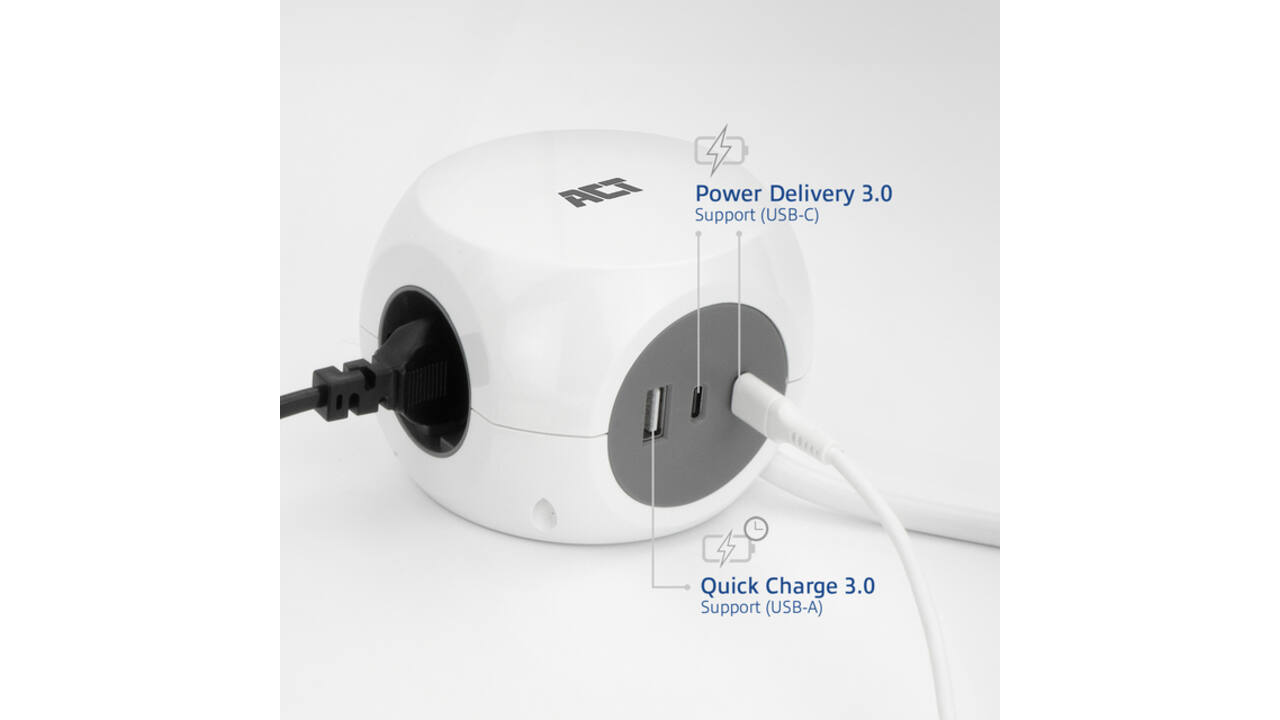 Stekkerblok ACT 3 voudig inclusief 2x USB C/A 1.5 meter wit/grijs