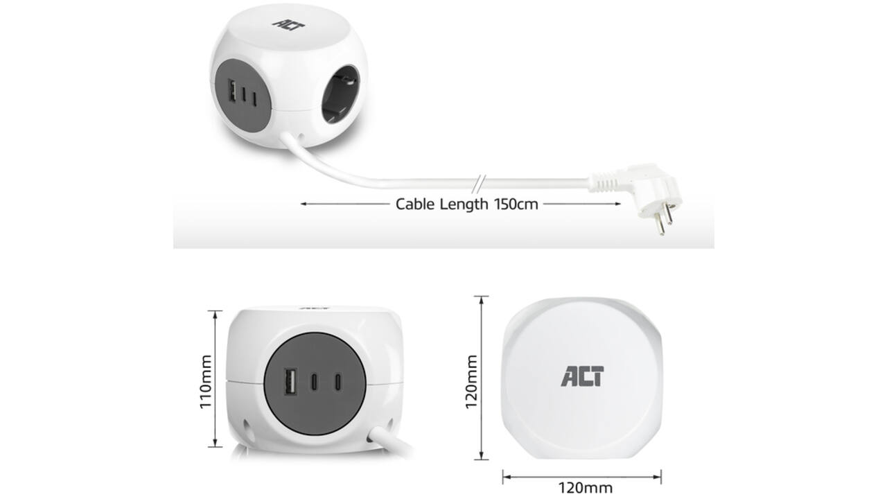 Stekkerblok ACT 3 voudig inclusief 2x USB C/A 1.5 meter wit/grijs