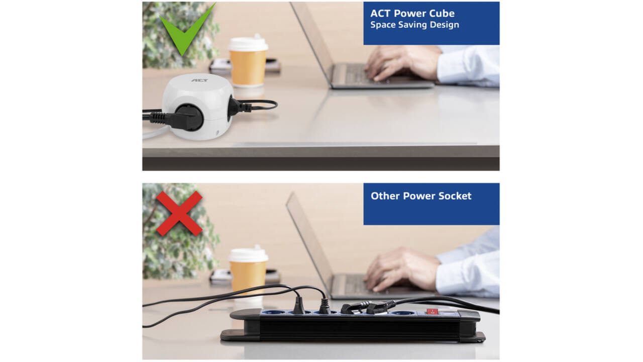 Stekkerblok ACT 3 voudig inclusief 2x USB C/A 1.5 meter wit/grijs