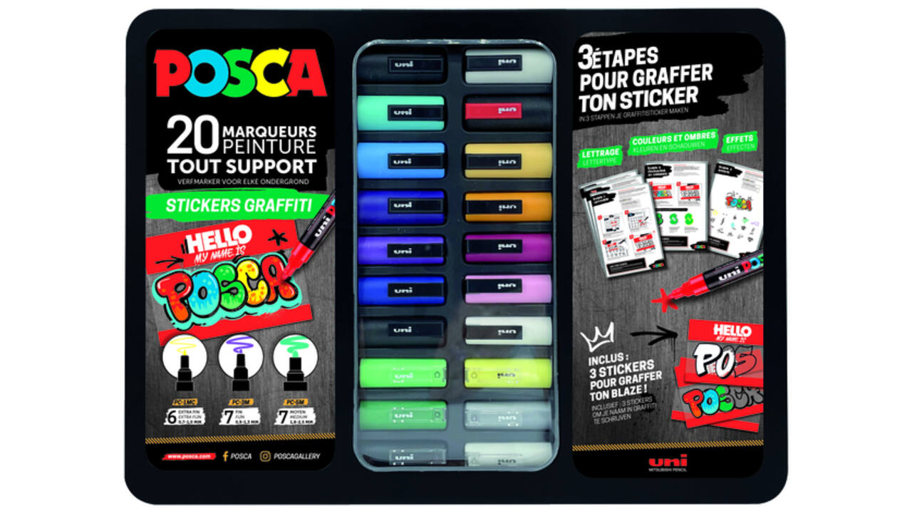 Verfstift Posca Sticker Graffiti assorti metalen koffer à 20 stuks