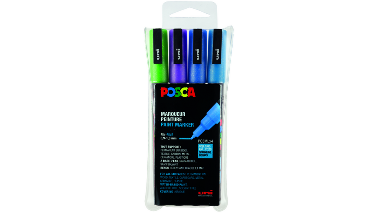 Verfstift Posca PC3M fijn glitter koel assorti set à 4 stuks