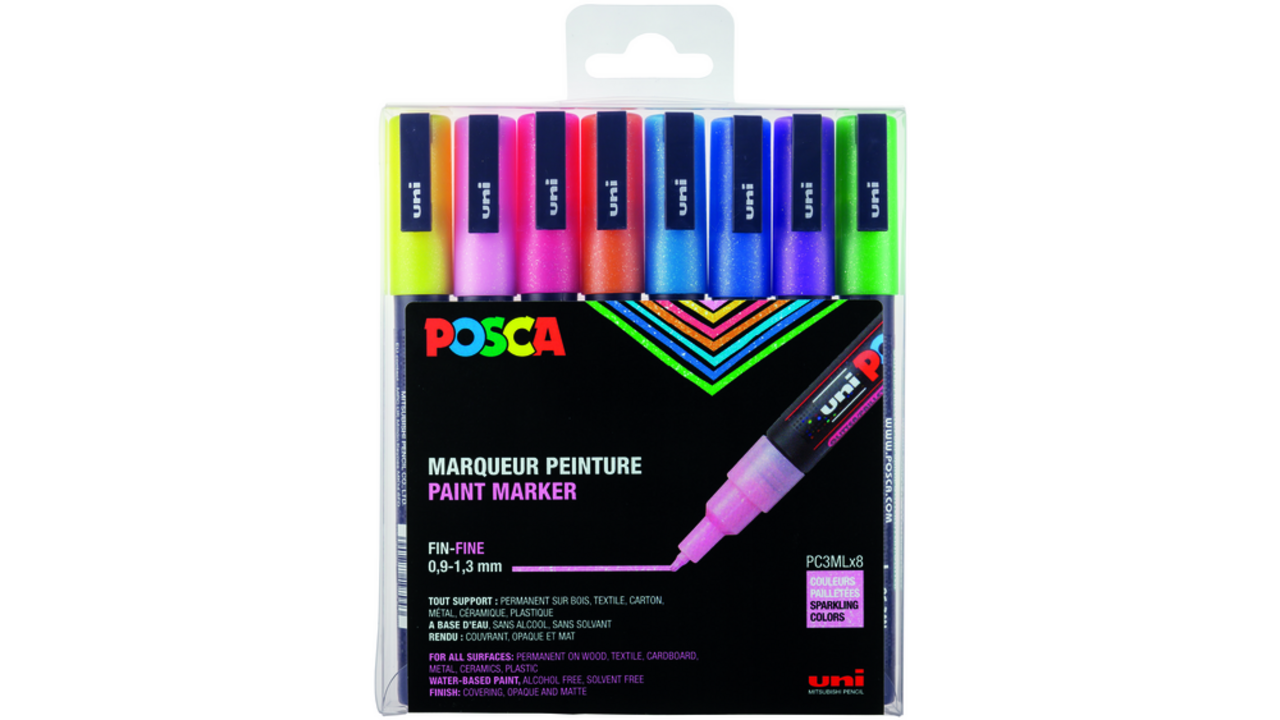 Verfstift Posca PC3M fijn glitter pastel assorti set a 8 stuks