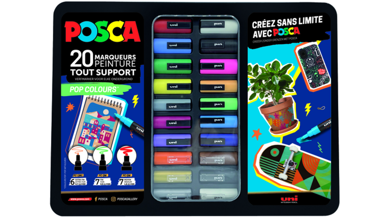 Verfstift Posca Pop Colours assorti metalen koffer à 20 stuks