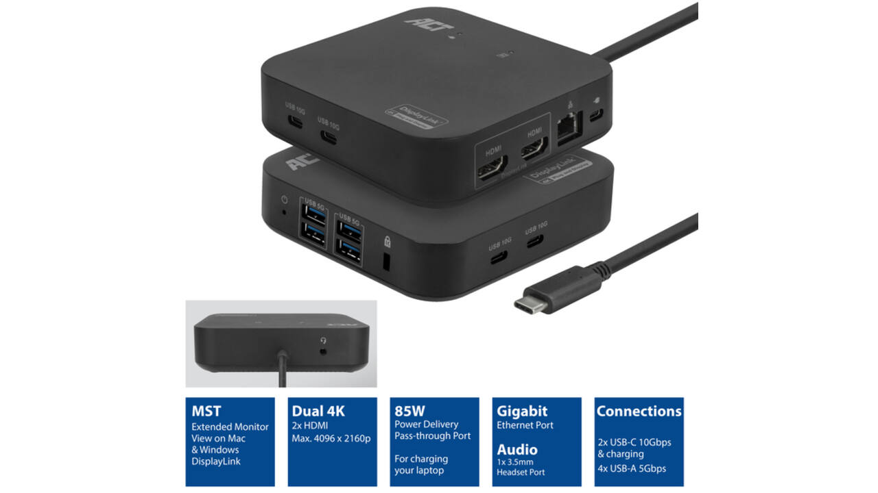 Dockingstation ACT USB-C Dual Monitor met Power Delivery