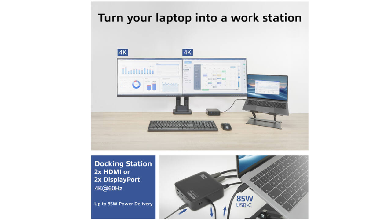 Dockingstation ACT USB-C Dual Monitor met Power Delivery
