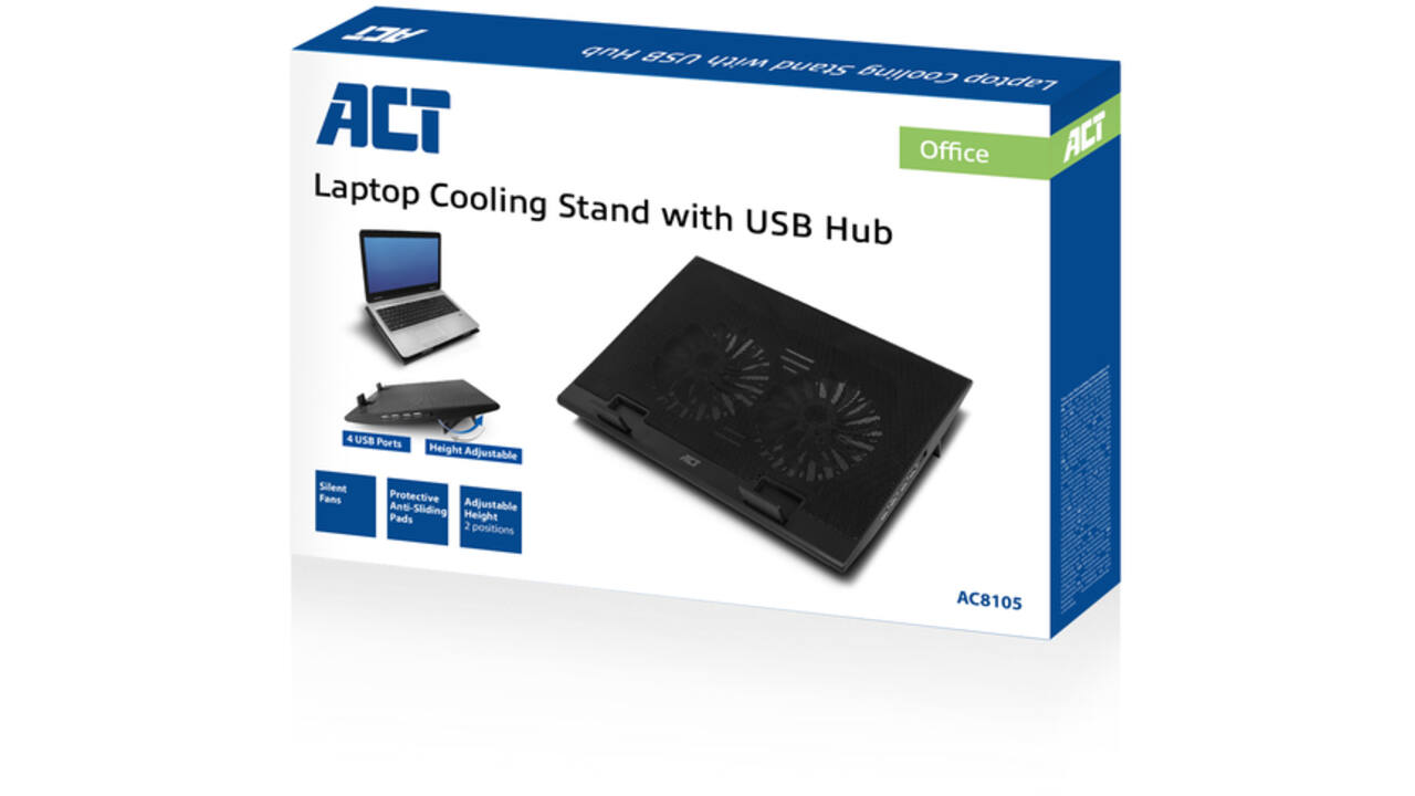 Laptopstandaard ACT 2 standen met ventilator 4-p hub