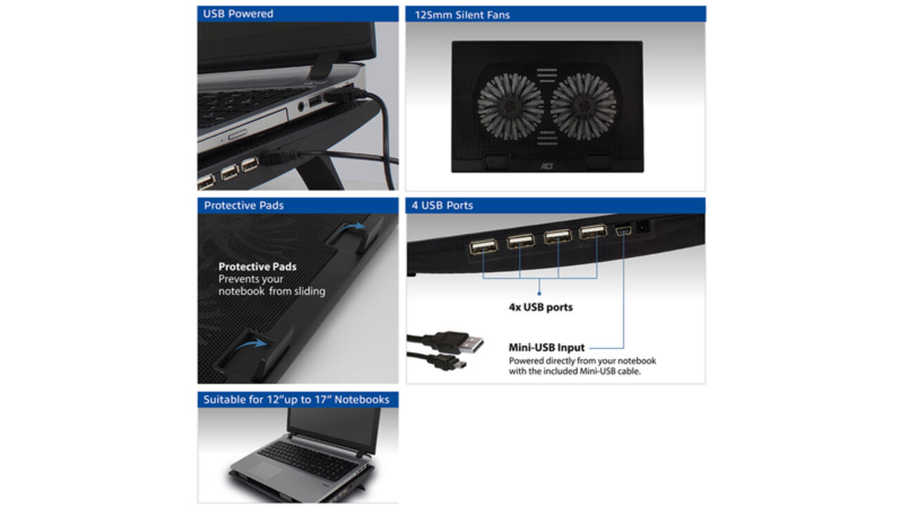 Laptopstandaard ACT 2 standen met ventilator 4-p hub