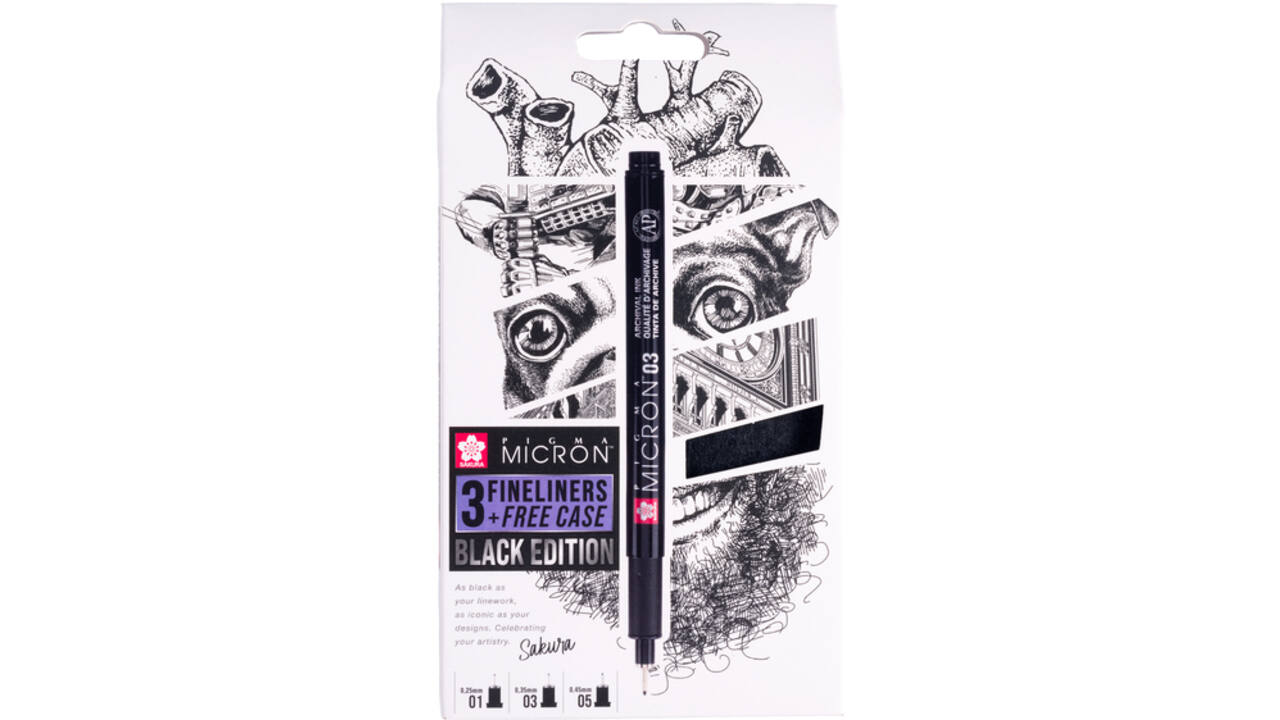 Fineliner Sakura Pigma Micron Black Edition set à 3 breedtes + gratis etui