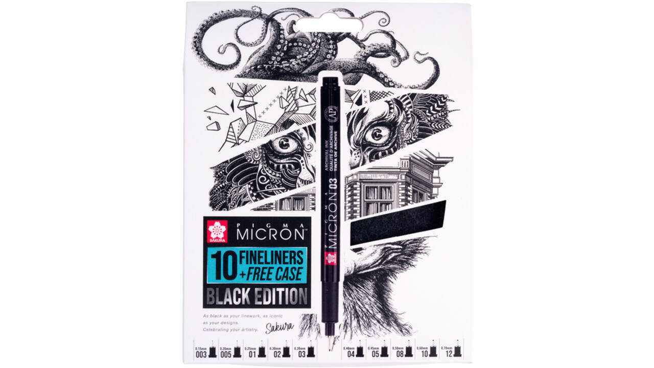 Fineliner Sakura Pigma Micron Black Edition set à 10 breedtes + gratis etui
