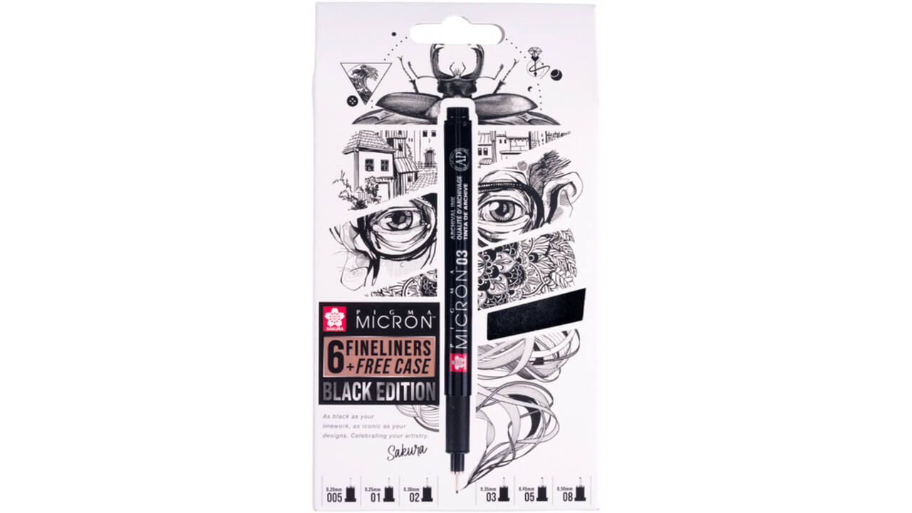 Fineliner Sakura Pigma Micron Black Edition set à 6 breedtes + gratis etui