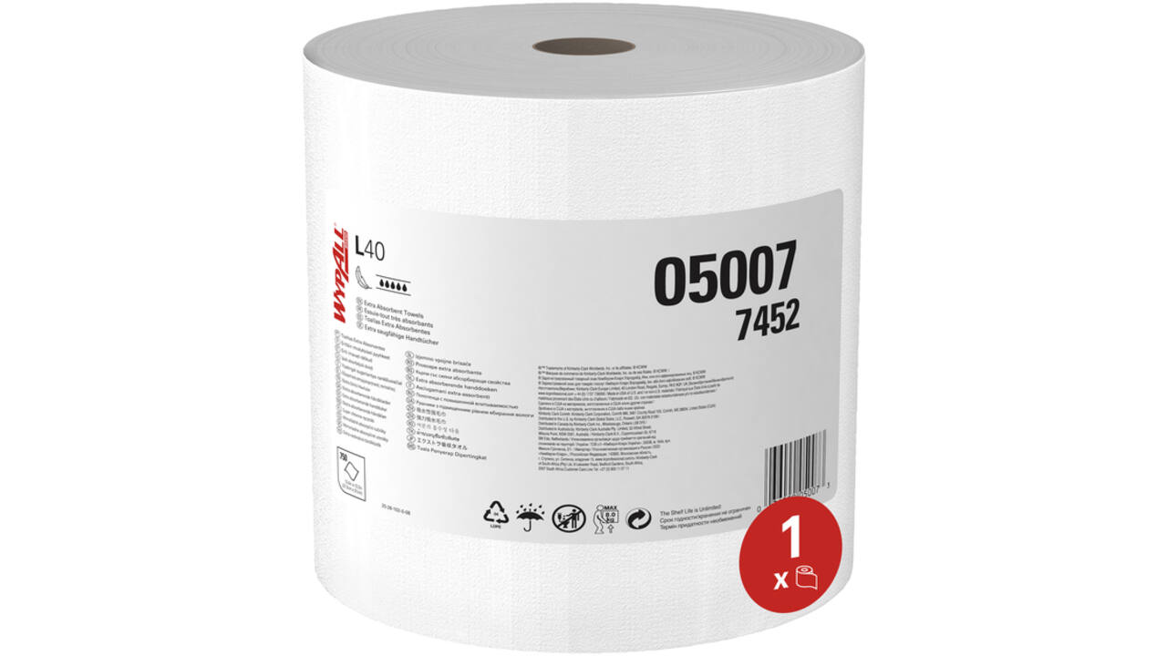 Poetsrol WypAll L40 PowerClean 1-laags 31,5cmx232m 750vel wit 7452