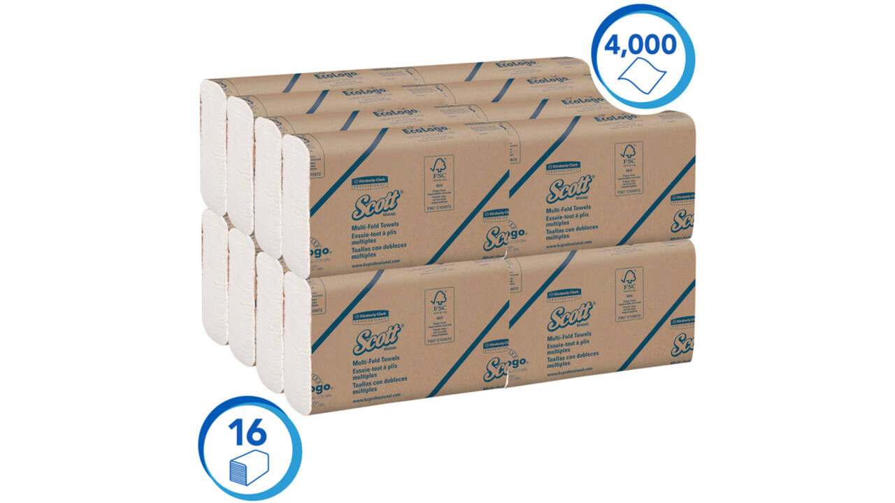 Handdoek Scott m-vouw 1-laags 23x23,5cm 16x250stuks wit 1804