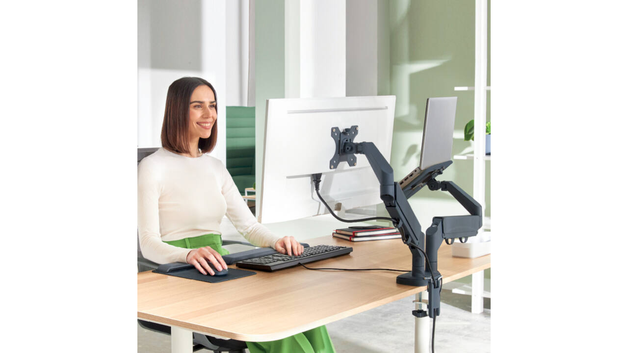 Monitor en Laptoparm Leitz Ergo ruimtebesparend dubbele monitorarm