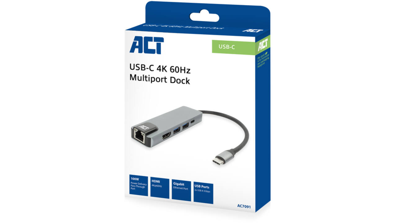 Dockingstation ACT USB-C 4K voor 1 HDMI monitor