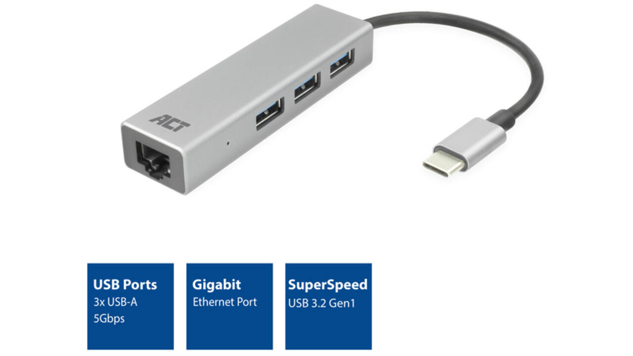 Hub ACT USB-C 3.0 3x USB-A Gigabit ethernet